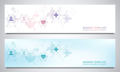Wall Mural - banners design template for healthcare and medical decoration with flat icons and symbols. science, 