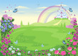 Fairytale background with flower meadow. Wonderland. Cartoon, children's illustration. Princess's castle and rainbow. Fabulous landscape. Beautiful Park or garden with roses and butterflies. Vector.