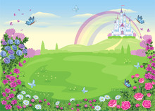 Fairytale Background With Flower Meadow. Wonderland. Cartoon, Children's Illustration. Princess's Castle And Rainbow. Fabulous Landscape. Beautiful Park Or Garden With Roses And Butterflies. Vector.