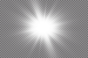 Wall Mural - White glowing light explodes on a transparent background. with ray. Transparent shining sun, bright flash. The center of a bright flash.