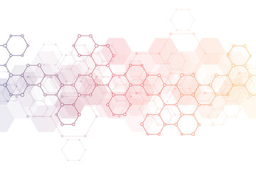 Abstract background of science and innovation technology. Technical background with hexagons pattern and molecular structures.