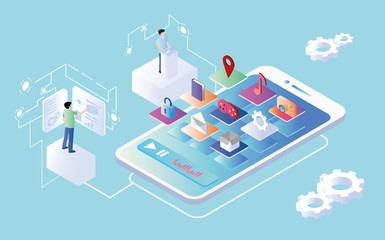 development of mobile applications in isometry. two male programmers are developing a mobile applica