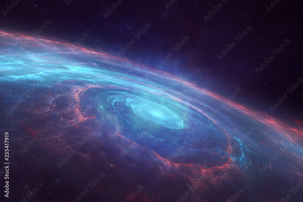 Universe with a spiral spinning galaxy in the center - obrazy, fototapety, plakaty 