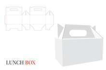 Lunch Box With Handle Template, Vector With Die Cut / Laser Cut Layers. Delivery Box Illustration. White, Clear, Blank, Isolated Lunch Box Mock Up On White Background. Packaging Design, 3D