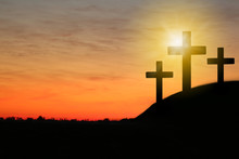 Silhouette Of Crosses On Hill At Sunset, Space For Text. Easter Holiday