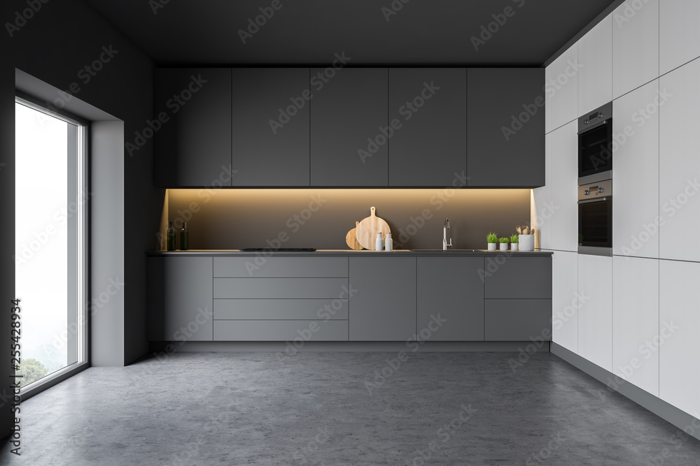 Modern disign empty kitchen interior with window and city veiw. 3d ...