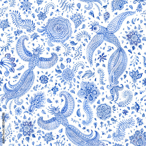 Dekoracja na wymiar  streszczenie-kwiatowy-wzor-niebieski-akwarela-malowane-ptakow-egzotycznych-paw-elementy-paisley-fantastyczne-teksturowanej-kwiat-bajki-lisci-na-bialym-tle-druk-tekstylny-tapeta-opakowanie