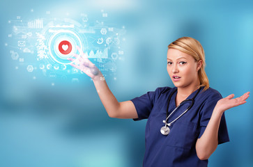 Poster - Doctor touching hologram screen displaying medical symbols and charts
