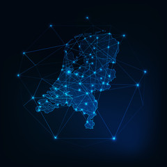 Wall Mural - netherlands map glowing silhouette outline made of stars lines dots triangles, low polygonal shapes.