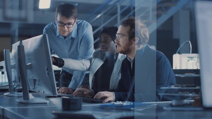 Poster - Two Electronics Development Engineers Working on Computers, Talk with Project Manager. Team of Professionals Use CAD Software for the Modern Industrial Engineering Design. Slow Motion