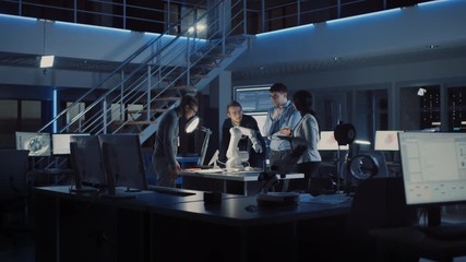 Poster - Team of Electronics Development Engineers Standing at the Desk Working on Robot Arm Prototype. Specialists Working on Ultra Modern Industrial Design, Using Machine Learning, AI and Neural Network