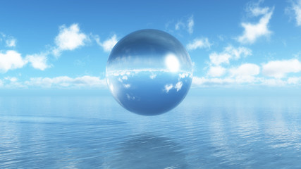 Wall Mural - 3D glass sphere floating over a blue ocean