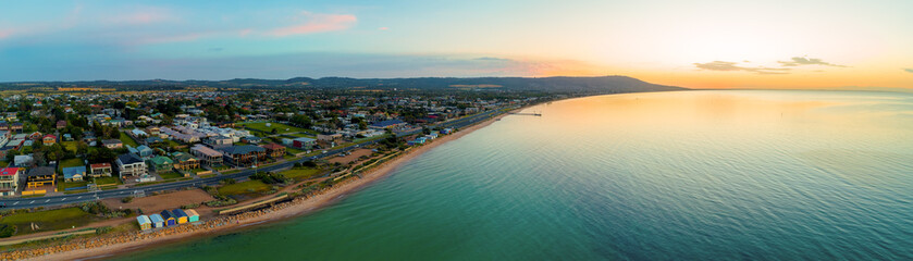 Wall Mural - Beautiful aerial panorama of Mornington Peninsula coastline and Port Phillip Bay at dusk