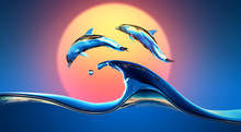 Dolphins Jumping Over Vibrant Sunset Sea Water Wave With Bright Background, 3d Illustration