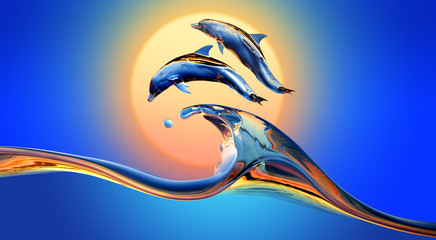Wall Mural - dolphins jumping over vibrant sunset sea water wave with bright background, 3d illustration