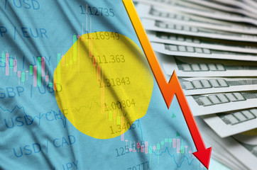 Palau flag and chart falling US dollar position with a fan of dollar bills