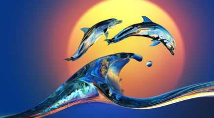 Wall Mural - dolphins jumping over vibrant sunset sea water wave with bright background, 3d illustration