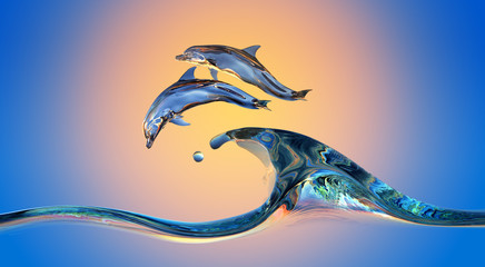Wall Mural - dolphins jumping over vibrant sunset sea water wave with bright background, 3d illustration