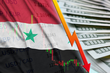 Syria flag and chart falling US dollar position with a fan of dollar bills