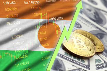 Niger flag and cryptocurrency growing trend with two bitcoins on dollar bills