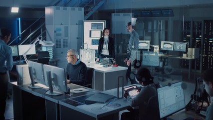 Poster - Diverse International Team of Industrial Engineers and Scientists Working in Research Laboratory / Development Center. People Working on Efficient Engine Design, Using Computers, Advanced Technology 