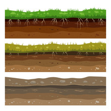 Soil Ground Layers. Seamless Campo Ground Dirt Clay Surface Texture With Stones And Grass. Vector Set