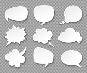 Poster - Thought balloons. Paper white speech clouds. Thinking bubbles retro 3d comics vector set