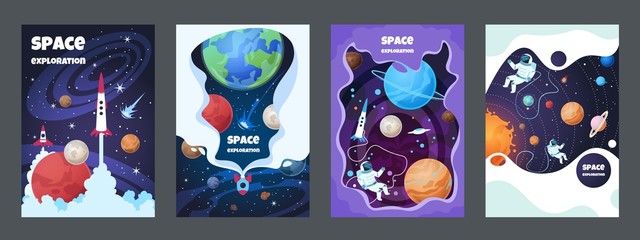 Cartoon space flyer. Universe galaxy banner planet science poster astronaut poster frame brochure cover design. Vector space concept set