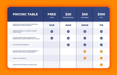 comparison table. price chart template, business plan pricing grid, web banner checklist design temp