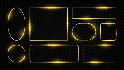 Aufkleber - Shiny golden frames. Glowing border lines for greeting cards, golden vector set square and round shapes on transparent background