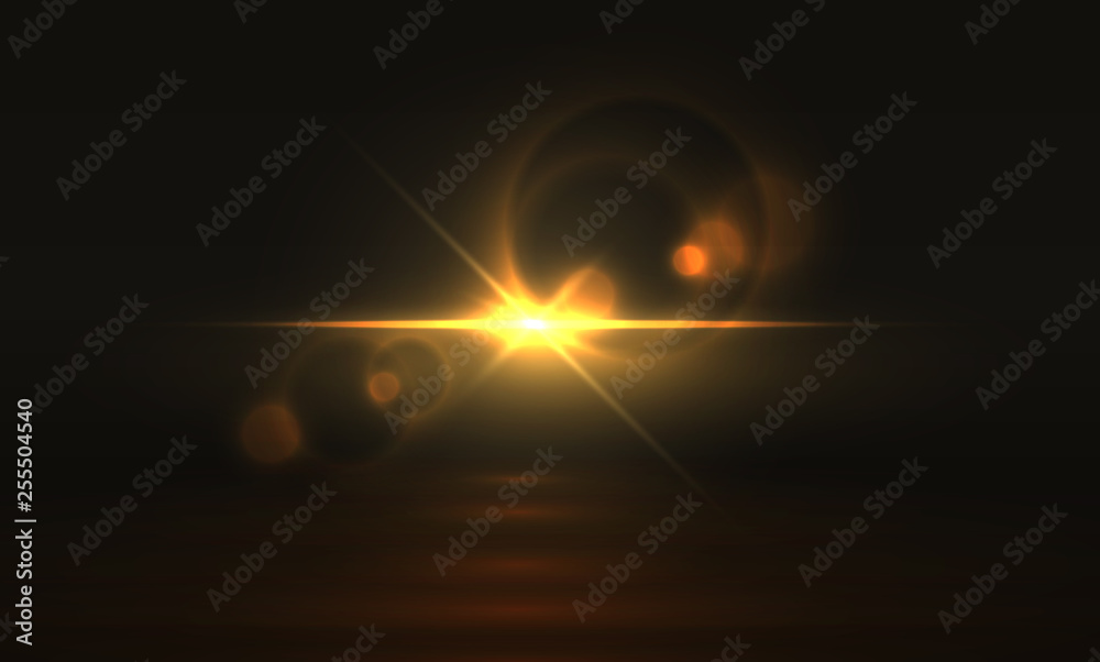 Golden light effect. Glowing flare background, yellow magic abstract sparkle realistic transparent glitter. Vector golden bright light - obrazy, fototapety, plakaty 