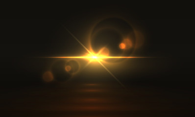 Poster - Golden light effect. Glowing flare background, yellow magic abstract sparkle realistic transparent glitter. Vector golden bright light