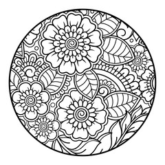  Outline round flower pattern in mehndi style for coloring book page. Antistress for adults and children. Doodle ornament in black and white. Hand draw vector illustration.