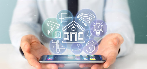 Poster - businessman holding smart home interface with icon, stats and data 3d rendering