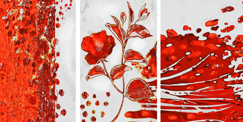 Collection of designer oil paintings. Decoration for the interior. Modern abstract art on canvas. Set of pictures with different textures and colors. Red roses on a gray background.