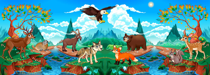 Wall Mural - Funny wood animals in a mountain landscape with river