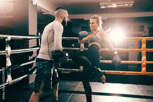 Cuadros en Lienzo Strong muscular boxer Caucasian woman kicking and having training in ring