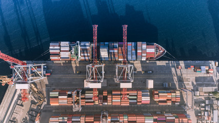 Container cargo ship in import export business logistic, Freight transportation, Aerial view.