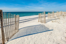 Empty White Sand Beach With Fences,  Gulf Of Mexico Coast, Alabama, USA