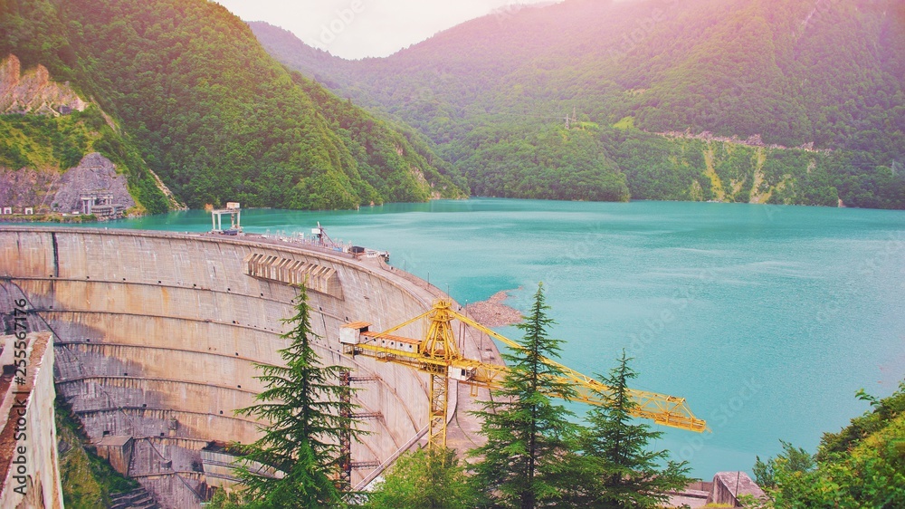 Enguri Hydropower station at high mountains. Enguri Dam - a hydroelectric dam ...