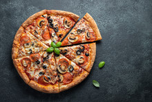 Tasty Pepperoni Pizza With Mushrooms And Olives.