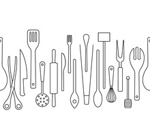 Cooking Utensils Outlines Seamless Border
