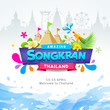 Happy Amazing Songkran Thailand Festival colorful ribbon banner water splash design background, vector illustration