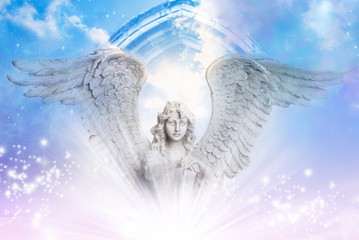 Wall Mural - a beautiful angel archanegl with big wings over a mystical divine sky with a gate and stars
