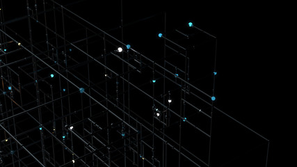 Poster - 3d render of grid with bright sphere on the edges. Complex technology structure. Data computing concept...
