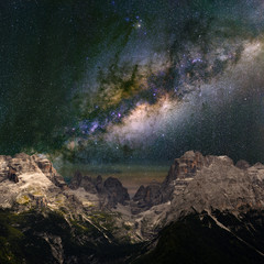  Milky Way over the mountains. The Dolomites in Modonna di Campiglio, Italy.