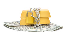 Golden Bullions Wrapped By Metal Chain With Padlock And Dollar Bills On White Background.