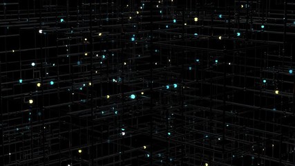 Poster - Colorfull 3d render of grid with bright sphere on the edges. Complex technology structure. Data computing concept. Loopable blinking animation.