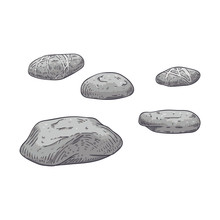 Vector Illustration Set Of Grey Scattered Sea Pebbles In Sketch Style.