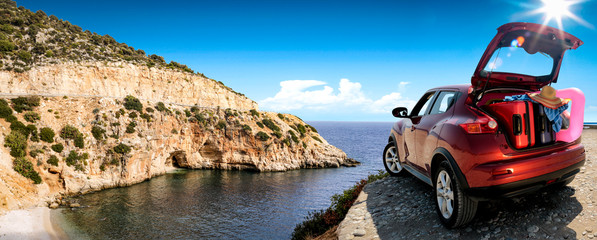 Poster - Summer car on road and sea landscape 